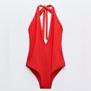 Zara Bold Red Plunging One Piece Swimsuit